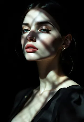 Highly detailed portrait of a woman with pale complexion illuminated by dramatic light and shadow, wearing a classic Met Gala dress against a deep black background.
