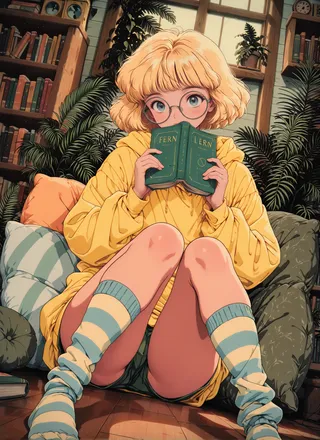 Petite blonde girl with short hair and circle glasses in a yellow hoodie and striped socks sitting on the floor reading a book in a cozy bedroom with plants and bookshelves.