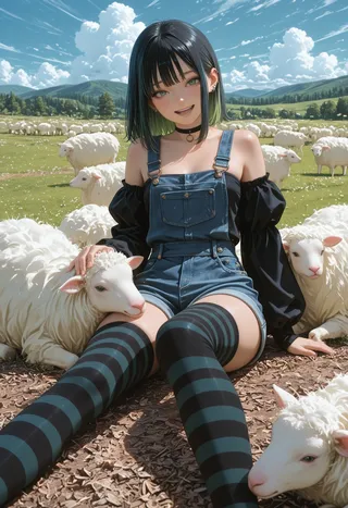 A smiling girl with black hair and green highlights sits in a sheep pasture wearing denim overalls and striped thighhighs, surrounded by white sheep under a blue sky.