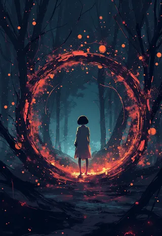 A silhouette of a person standing in a dark forest illuminated by a large circular macabre void filled with glowing orange particles and firelight.