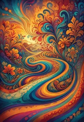 Colorful batik art featuring flowing lines and intricate floral patterns in bold warm colors with stylized figures in a rural scene.