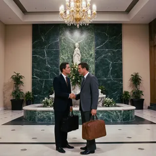 Two men in business suits shaking hands in an 1980s office lobby with green marble walls, a chandelier, indoor water feature, and holding briefcases.