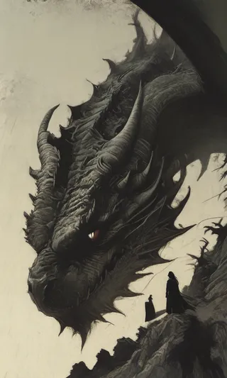 A dark, ominous dragon with detailed scales and horns looms over two silhouetted figures standing on a cliff, set against a moody sky with a low-angle perspective.