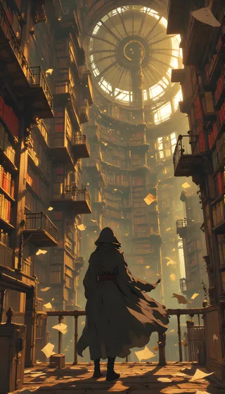 A cloaked solitary figure stands on a wooden platform within a grand otherworldly library with floating bookshelves, fluttering pages, and a glowing central dome.