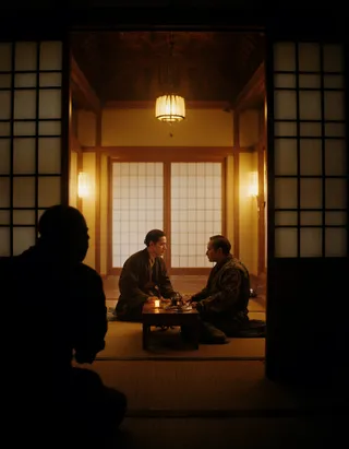 A stealthy female ninja in dark shinobi attire hides behind a sliding wooden door, spying on two Japanese lords seated inside a traditional manor with tatami floors and warm paper lantern lighting.