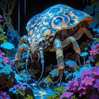 A highly detailed bioluminescent eldritch invertebrate with translucent carapace and sensitive antennae in a glowing cave environment with colorful flora