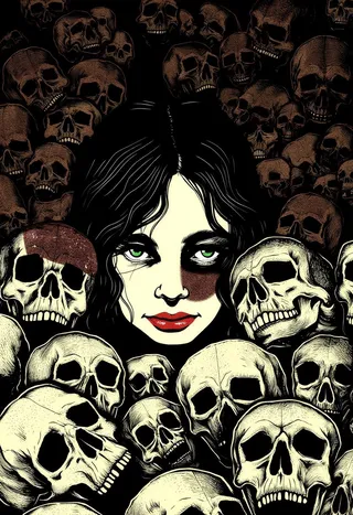 Gritty graphic illustration of a young woman with dark wavy hair and piercing green eyes, surrounded by numerous detailed human skulls in a dark, eerie setting.