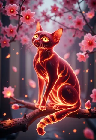 A glowing crimson red cat with golden striped tail sitting in a Sukhasana meditation pose on a cherry blossom covered branch with floating glowing particles and bokeh effects.