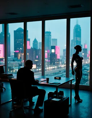 Silhouetted man at executive desk with a sleek humanoid robot assistant in a high-rise office overlooking a futuristic city with neon billboards at dusk.
