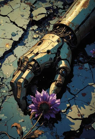 Extreme close-up top-down view of a fallen mechanical arm lying on cracked ground, holding a wilted purple flower with exposed wires amid rusted metal and dim lighting.