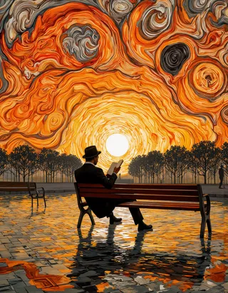 A man in a dark suit and hat sits on a wooden bench reading a book, against a vivid sunset with swirling orange and yellow clouds in Van Gogh style.