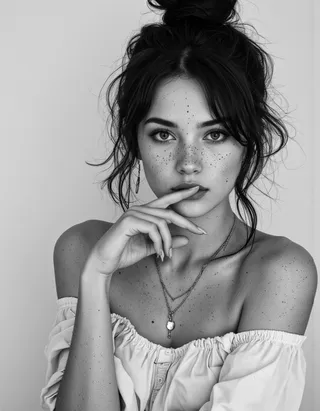 Black-and-white studio portrait of a young woman with freckles, dark messy bun hair, contemplative gaze, wearing an off-shoulder top and delicate jewelry.