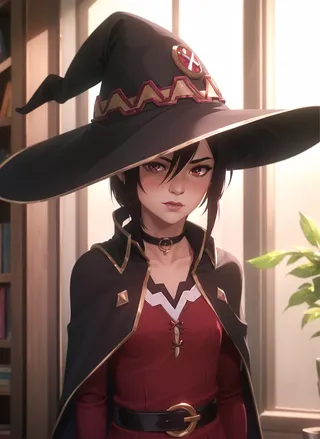 A woman in arcane style wears a large black witch hat adorned with gold and red accents, a red off-shoulder dress, black gloves, and a black cape with gold trim indoors.