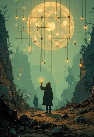A mysterious figure reaches toward glowing lamps hanging from a geometric grid floating above a barren landscape with a giant ethereal moon in the background, in a surreal, dreamlike atmosphere.