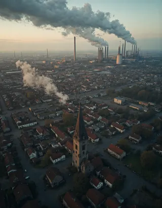 Aerial wide-angle view showing a German town with medieval-style houses and a stone church tower contrasted by a large industrial complex with smokestacks releasing thick smoke at dusk.
