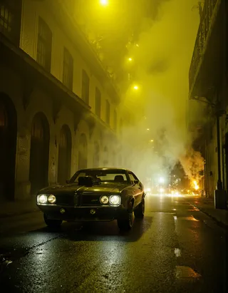Dieselpunk-inspired retro-futuristic sports car with headlights on, parked on a wet urban street at night, surrounded by thick yellow smog and industrial buildings.