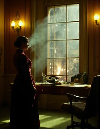 A dieselpunk-style industrialist woman in early 20th-century attire smokes a cigarette in her warm, wood-paneled office overlooking a chaotic factory floor through a large reinforced window.
