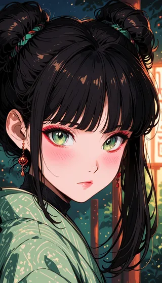 Close-up of an anime girl with vibrant green eyes and dark hair styled into double buns, wearing a green kimono, set against a softly lit night background with neon lights.