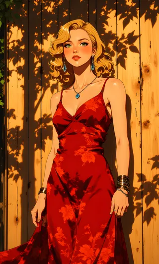 Anime-style blonde woman in a red dress standing against a wooden plank wall with leafy shadows in warm sunlight