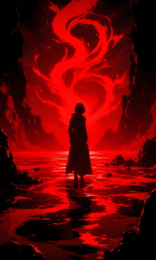 A solitary silhouette stands in a dark, surreal landscape amidst swirling, pulsating red liquid forming a fiery vortex, creating a mysterious and foreboding atmosphere.