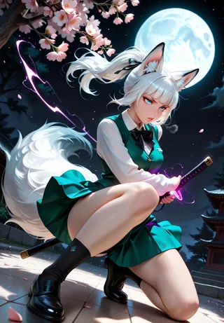 Fox girl with white fur and hair, blue eyes, and fox ears, wearing a green school uniform, kneeling under cherry blossoms at midnight, holding a glowing katana with a purple magical aura and full moon in background.
