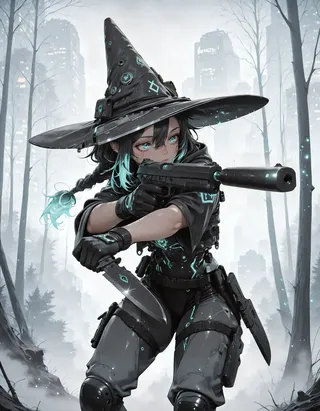 A cyberwitch wearing a large black witch hat and black gloves aiming a silenced pistol in one hand and holding a combat knife in the other, standing in a foggy forest with city buildings in the background and glowing particles around her.