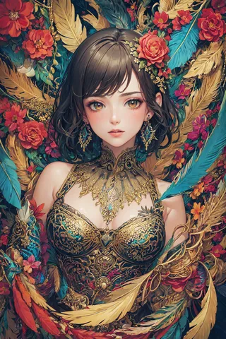 A highly detailed digital artwork of an ornate woman adorned with golden jewelry, surrounded by colorful feathers and vibrant red flowers set against an abstract, fractal-inspired background.