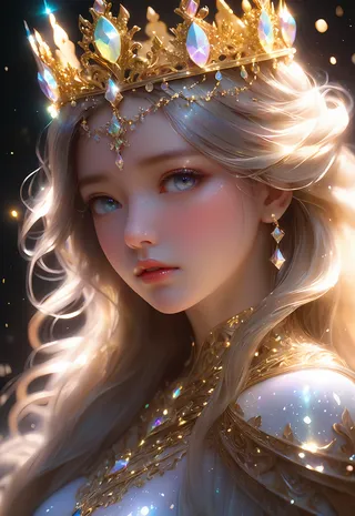 A highly detailed fantasy portrait of a sad princess with blue eyes, wearing a gold crown adorned with iridescent gems and glittering jewelry under soft, realistic light.