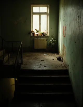 Dimly lit Soviet-era stairwell with cracked concrete steps, rusted iron railings, faded green peeling walls, potted plants on window sill, and a faded orange graffiti lambda symbol.