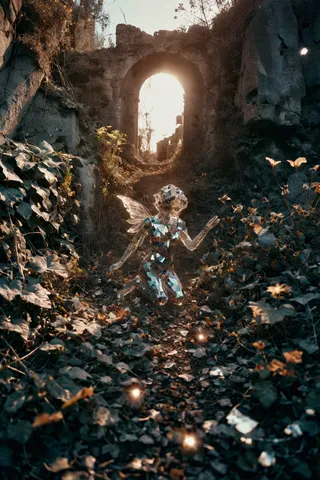 A multifaceted diamond-like faerie kneeling on a dark, overgrown path near a crumbled stone archway, surrounded by ivy and wildflowers with warm, moody lighting.