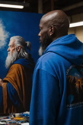 Jim Burns와 Kelly Freas가 그린 간달프 그림이 등 뒤에 있는 클라인 블루 후디를 입고 대머리인 흑인 남성의 뒤에서 본 모습, 마법사 간달프 그림 근처에 서 있음.