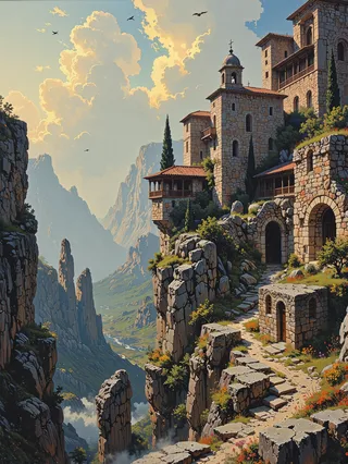 A detailed scenic view of a medieval monastery perched on sandstone pillars and Mediterranean cliffs under late afternoon light, with dramatic clouds and lush valley in the background.