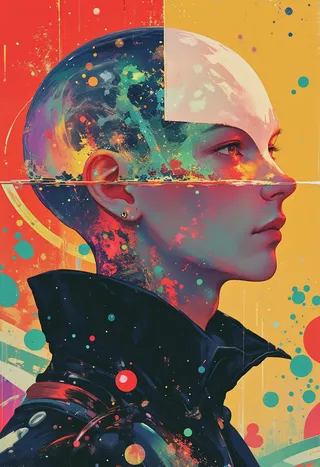 Vivid digital artwork showing an androgynous, bald profile with a translucent head filled with swirling colorful liquid, set against a geometric, multicolored background.