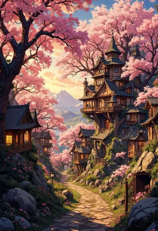 A detailed fairytale treehouse village nestled in a valley surrounded by huge Sakura trees and blooming cherry blossoms under a sunset sky with mountains in the background.