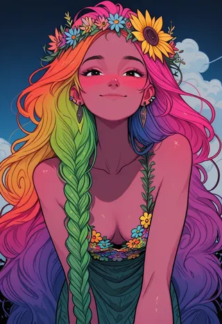 A hippie girl with long, braided rainbow hair wearing a flower crown and colorful dress, smiling warmly and offering a sunflower outdoors under a blue sky.