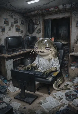 A disheveled catfish with bags under eyes sitting in an office chair typing on a keyboard in a dark, messy room with computer monitors and scattered papers.