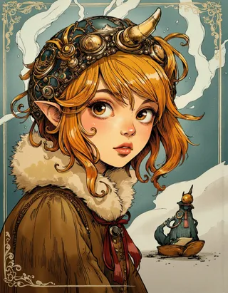 A detailed cartoon portrait of a goblin girl with red hair, wearing a fur-collared coat and an intricate steampunk helmet with a horn, against a decorative background.