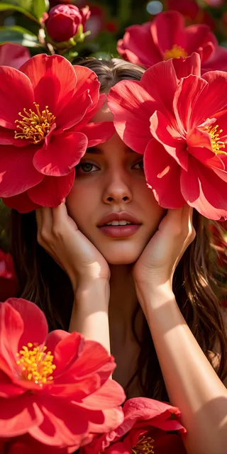 A close-up portrait of a woman partially obscured by large, vibrant red camellia flowers with bright yellow stamens, bathed in warm natural light.
