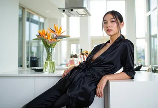 A slim Asian woman wearing a black silk robe and matching pants leaning against a sleek white kitchen island. Bright orange birds-of-paradise flowers in a glass vase sit on the counter, with natural light flooding the modern kitchen.