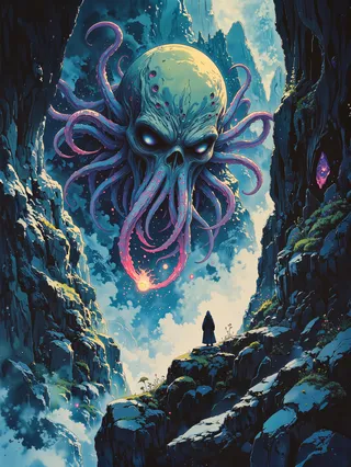 A colossal Lovecraftian tentacle monster with glowing eyes hovering above a rocky fantasy landscape, facing a lone mysterious figure under dramatic lighting.
