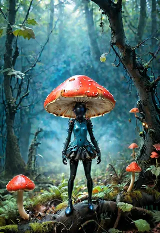 A photorealistic figure resembling a fly agaric mushroom humanoid under a large red mushroom cap, standing in a mystical blue sunset forest with vibrant foliage and smaller mushrooms.