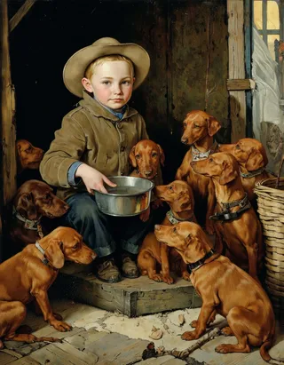 A young boy wearing a brown jacket and wide-brimmed hat sits in a dim barn holding a metal bowl surrounded by six brown dachshunds looking at him.