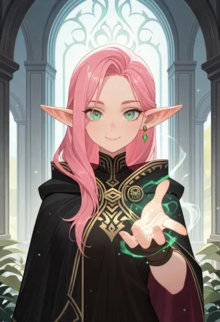 Portrait of a female elf with pink hair and green eyes casting a spell with a glowing green magic aura, wearing a black cloak with gold trimming inside an arcane library.