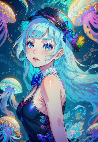 A beautiful anime girl with blue hair and iridescent eyes wearing a dark blue dress and a jellyfish-themed hat, surrounded by glowing jellyfish in the deep sea.