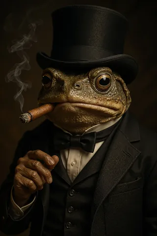 Highly detailed portrait of an anthropomorphic toad dressed in formal attire with a top hat, smoking a cigar, with dramatic cinematic lighting and sharp textures.