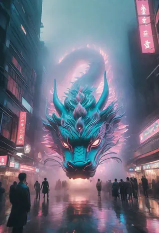 A colossal luminous Chinese dragon with glowing eyes weaves through a foggy urban street filled with neon signs and silhouetted pedestrians at night.