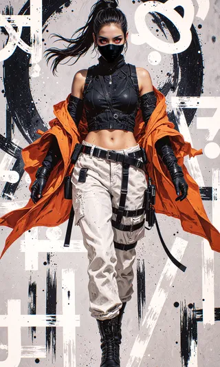 Futuristic woman with piercing red eyes and black mask wearing tactical black top and white cargo pants with an orange jacket, standing against an abstract white and gray background.