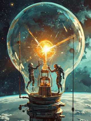 Inside a giant glowing light bulb spaceship, tiny astronauts in metallic suits repair the broken filament with laser tools, surrounded by a starry cosmos.