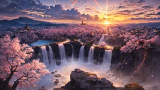 A serene, ultra-detailed landscape featuring cherry blossom trees surrounding multiple waterfalls under a vibrant sunrise with cinematic lighting and HDR effects.