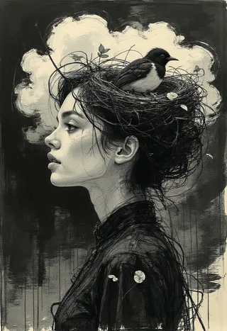 Side profile of a calm woman with hair shaped into a large bird's nest holding a bird, drawn in charcoal and ink with a dreamlike cloud background.